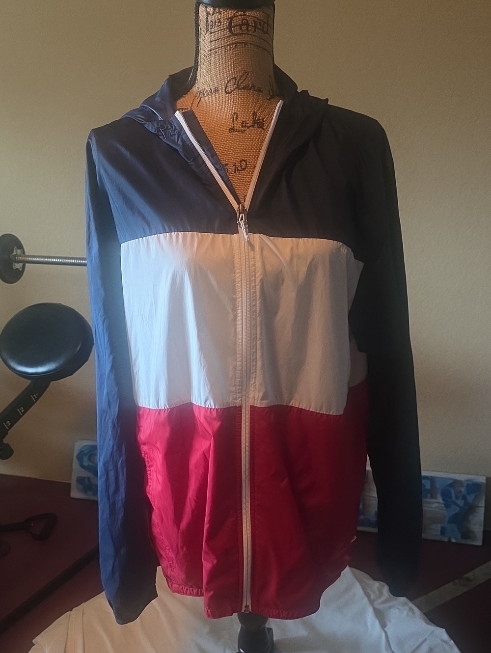 Eddie Bauer Colorblock Hooded Bomber Jacket - Navy, White & Red
